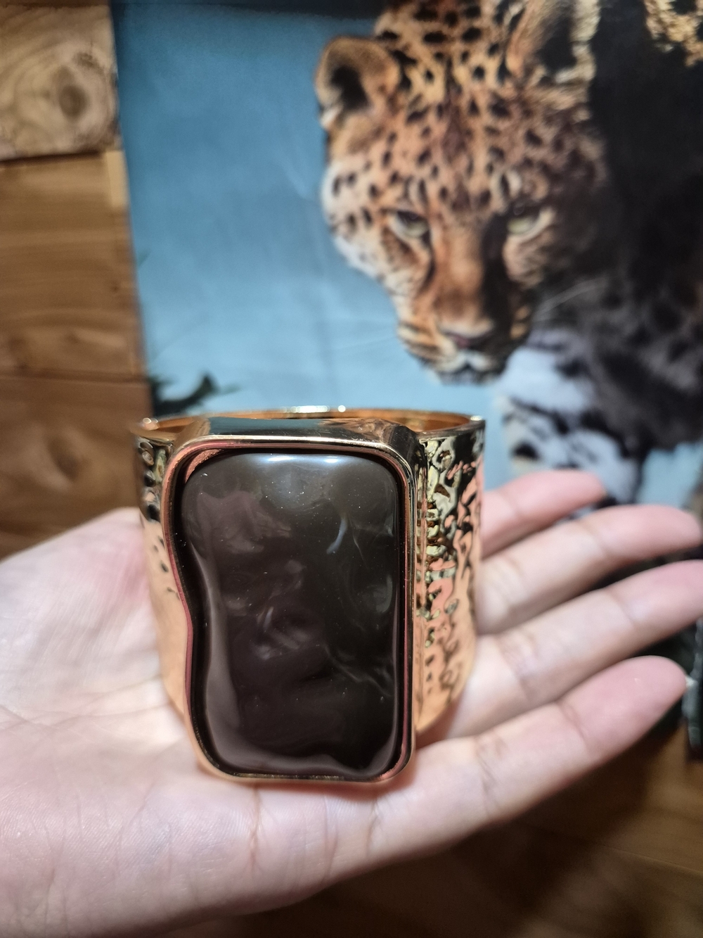 Gold-Tone Cuff Bracelet with Chocolate Brown Resin Center